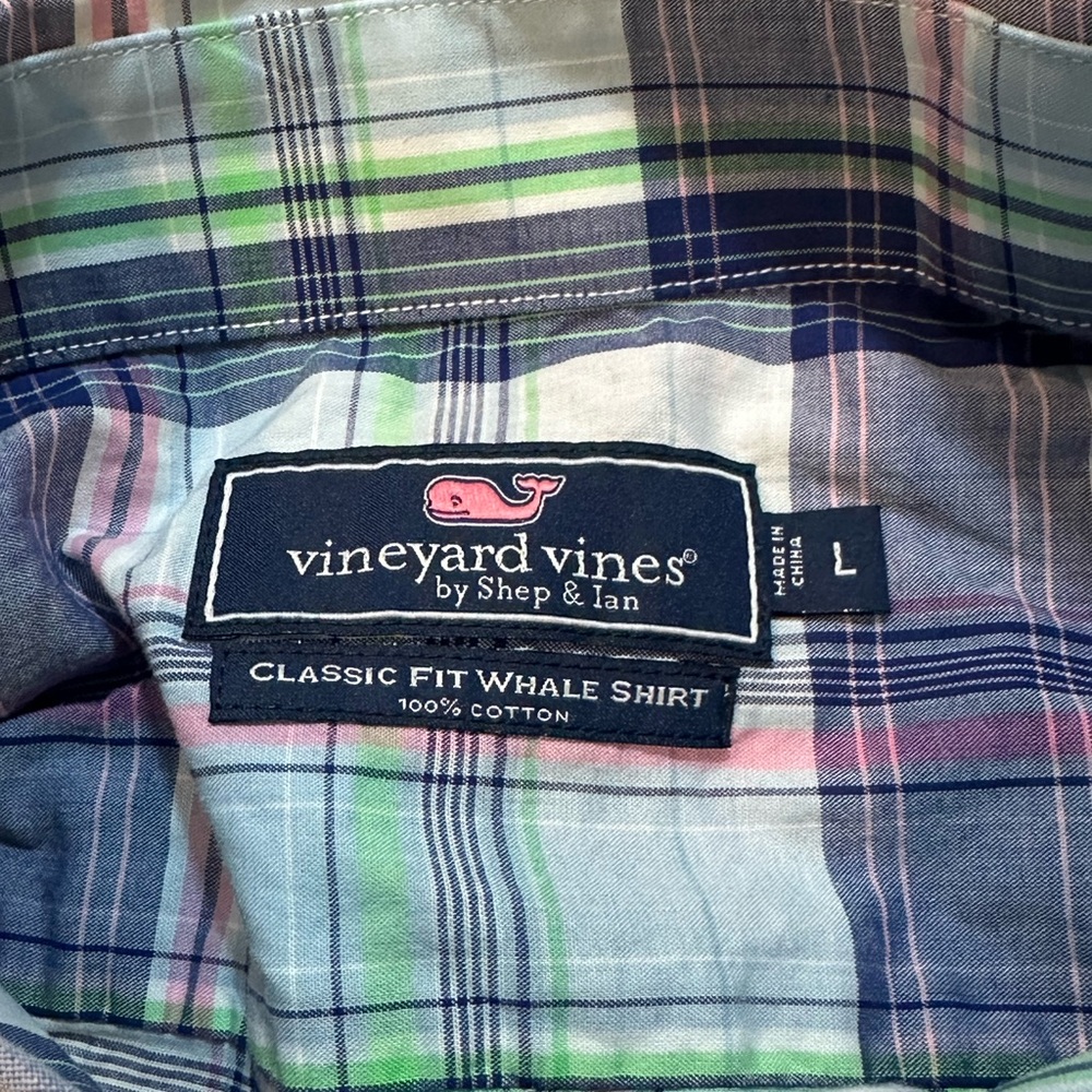 Vineyard Vines Plaid Whale Shirt Large Classic Fit Button Down Pink Navy Green - Picture 10 of 16